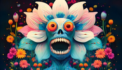 Fototapeta premium halloween, face, mask, design, head, carnival, zombie, horror, tattoo, skull, art, new, floral, flower, abstract, hippie, pop, waves, wave, illustration, fashion, symbol, contemporary, 3d, neon, color