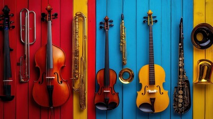 Naklejka premium Musical Instruments on Colorful Wooden Background