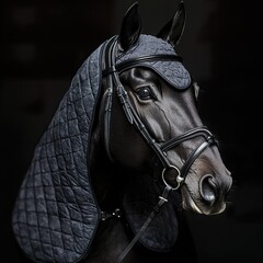 Obraz premium Black Horse Portrait with Bridle and Headstall