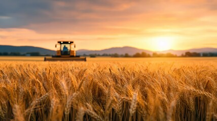 Fototapeta premium A breathtaking scene of golden barley fields being harvested by large machinery at dusk.