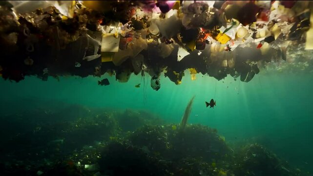 Environmental disaster concept. Plastic Island or Great Pacific Garbage Patch or Pacific Trash Vortex, consisting mainly of plastic, light metals and organic residues