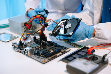 Naklejka premium Technician repairing inside of hard disk drive by screwdriver. the concept of data, hardware, technician