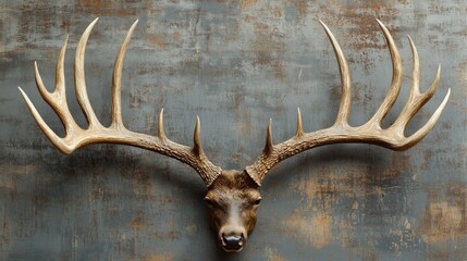 A large set of deer antlers mounted on a rustic metal wall.
