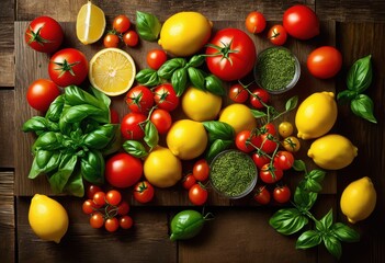 vibrant food arrangement textured background showcasing fresh ingredients colors, presentation, plate, culinary, dish, vegetable, fruit, garnish, spice