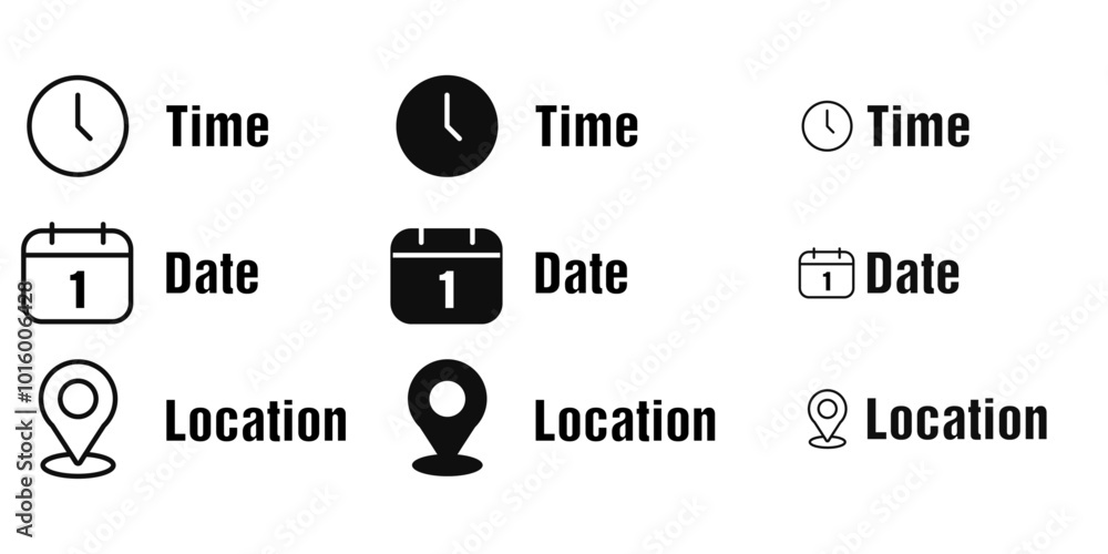Poster set of date, time, location icons. simple management icon sets.