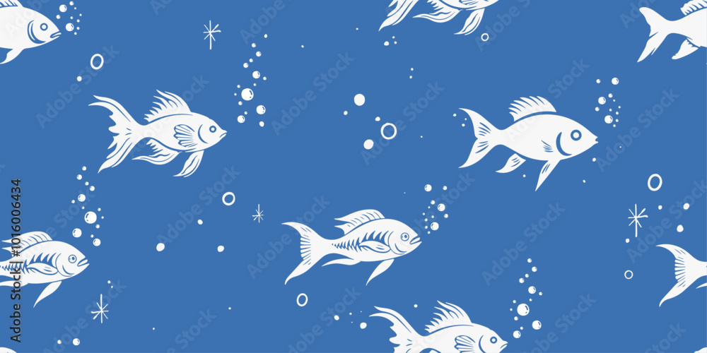 Poster White fish on a blue background. Vector endless and seamless pattern with fish underwater. Stylish art pattern.
