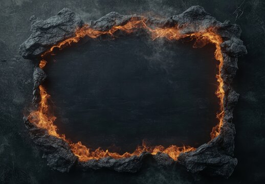Fiery rocky frame with dark background