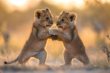 Energetic lion cubs interacting and sparring with each other in a forest setting, displaying natural behavior. Generative AI