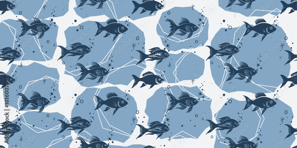 Poster pisces swimming in an endless pattern. abstract background with silhouettes of stylish fish.