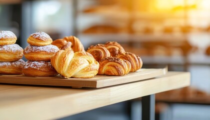 Freshly Baked Croissants and Pastries on Wooden Table
