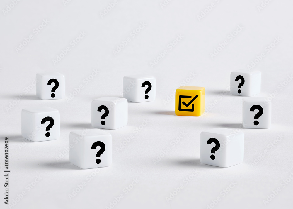 Poster yellow check mark cube surrounded by question mark cubes