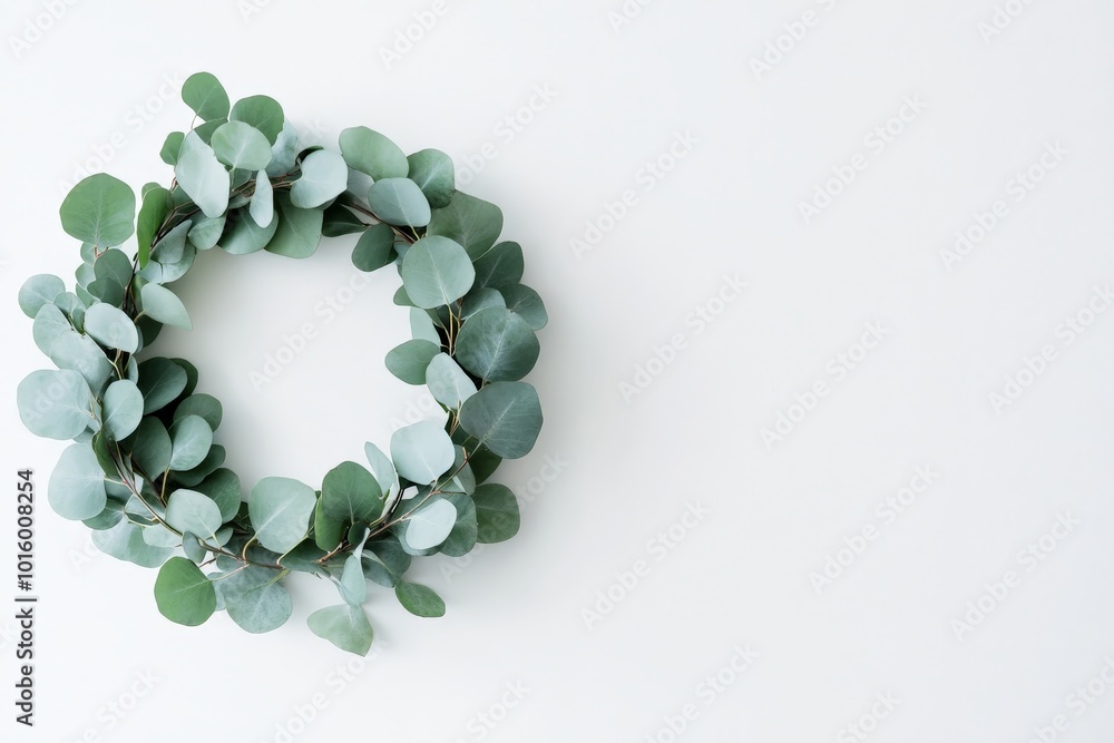 Aufkleber A simple and elegant green eucalyptus wreath is displayed on a pale, minimalist background, adding a touch of nature and tranquility to the setting.