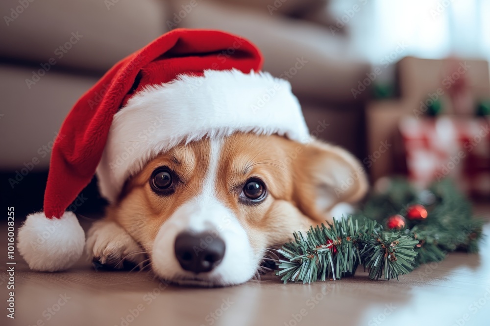 Wall mural an adorable dog wearing a classic santa hat lies on the floor, surrounded by festive christmas decor