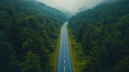Obraz premium An aerial view of a winding road through a lush green forest on a misty day.