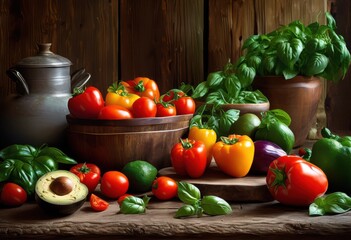 fresh ingredients artfully arranged textured background create feast eyes, vibrant, colorful, arrangement, organic, vegetables, fruits, spices, display