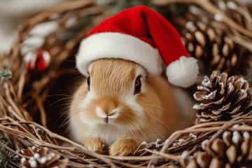 A cute brown bunny wearing a Santa hat sits in a nest adorned with pinecones, creating a heartwarming and festive Christmas scene for holiday cheer.