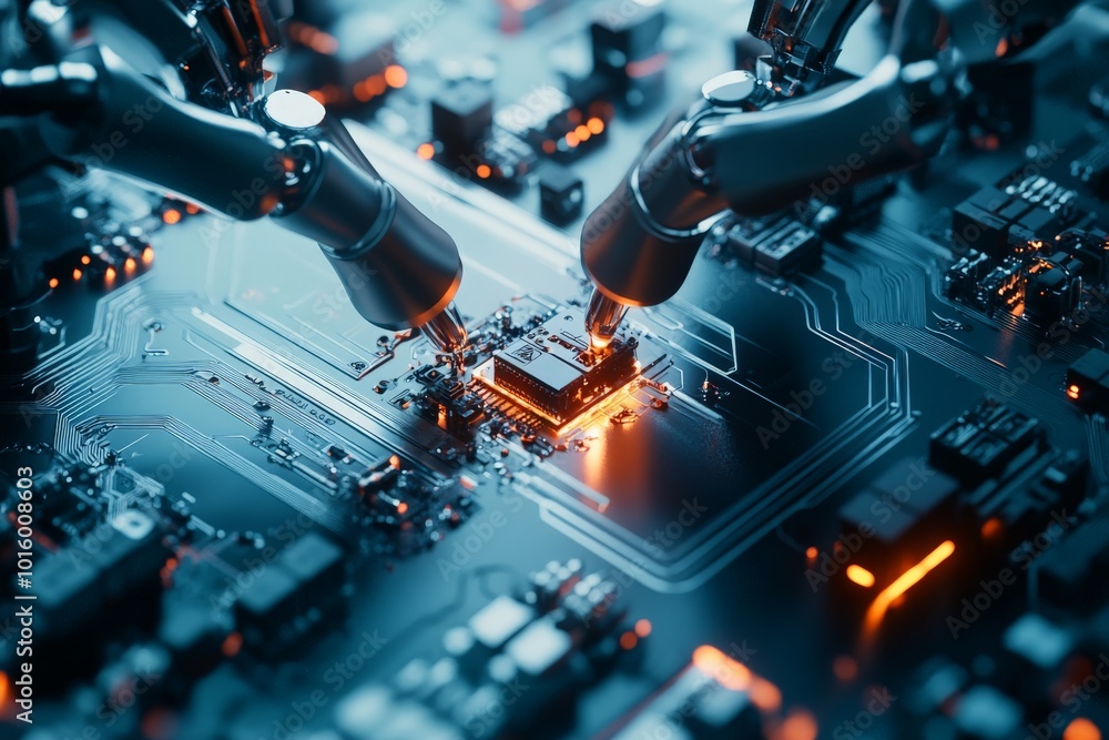 Poster robotic arms meticulously assemble components on a circuit board, highlighting technological progres