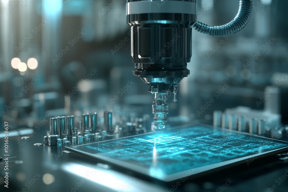 Poster a high-tech machine operates meticulously on a microchip, representing precision engineering, techno