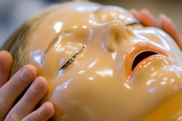 The image captures detailed resuscitation practice on a lifelike training model, focusing on hands-on technique essential for preparation in emergency situations and environments.