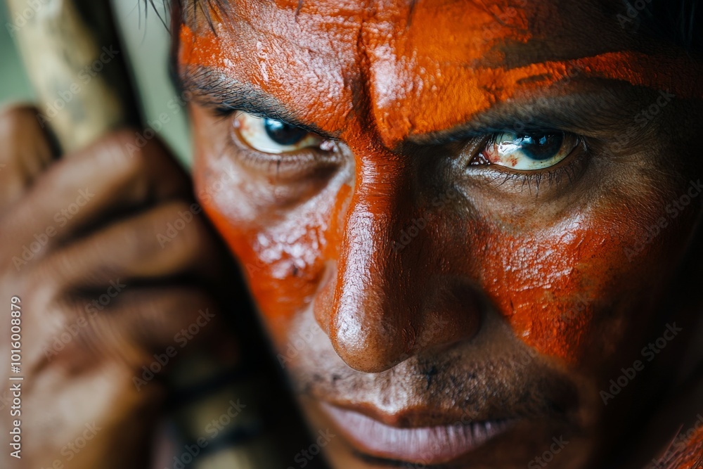 Poster a visually captivating portrait featuring a man with an intensely painted face in striking red hues,