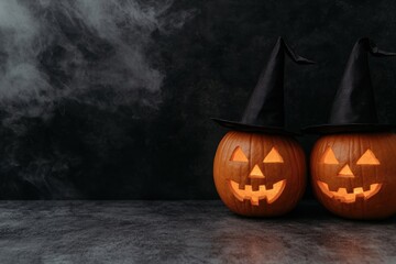 Spooky halloween pumpkins with witch hats