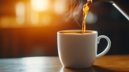 Pouring Hot Coffee into a White Mug