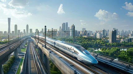 High-Speed Train Traveling Through a Modern Cityscape