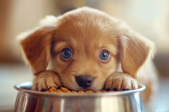 A cute brown puppy with big blue eyes gazes upon a bowl of food, its paws adorably resting on the edge, creating a heartwarming and charming scene.