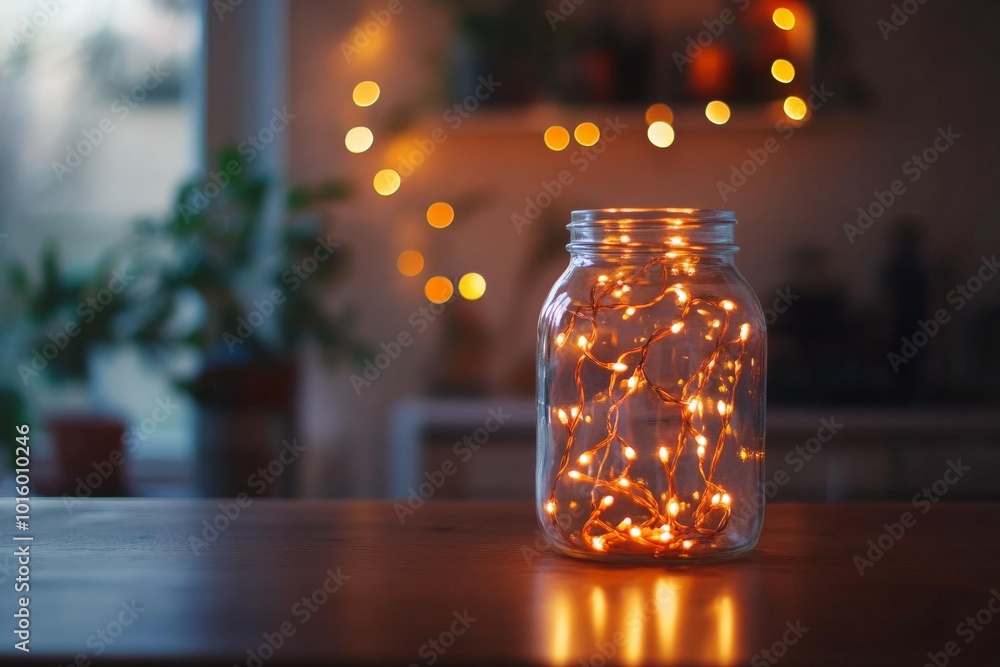Aufkleber Mason jar encasing fairy lights emitting a warm glow, set against a homey background with plants and shelves, creating a serene and tranquil atmosphere.