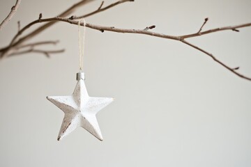 A white star-shaped ornament hangs from a bare branch, providing a stark contrast and embodying a minimalist aesthetic in this simple, stylish holiday image.