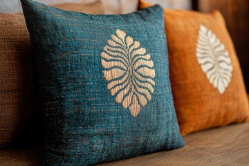 Decorative pillow with leaf pattern on couch