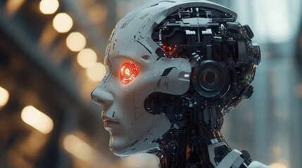 Fototapeta premium Cybernetic human glowing with intricate futuristic circuitry details in high-tech form