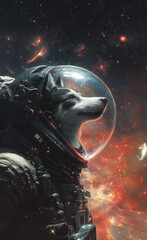 Siberian husky in space suit in outer space generated by AI