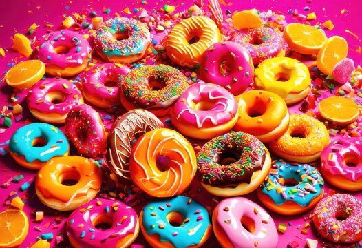 vivid spectacle colorful junk food imploding brightly painted background featuring sugary sweet treats savory snacks, rainbow, lgbtq, lgbt, pride, love