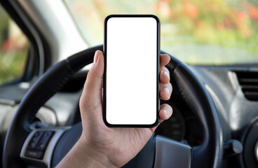 male hand holding phone with isolated screen background steering wheel