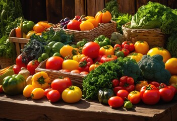 vibrant fresh produce displayed eco friendly showcasing bounty sustainability, organic, vegetables, fruits, colors, herbs, local, market, grocery, store