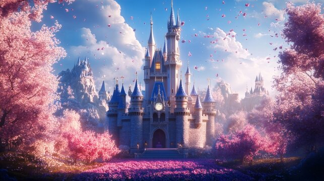 Whimsical Princess Castle, a stunning fairytale-inspired castle with elegant towers and vibrant gardens, evoking magic and wonder in a dreamlike landscape