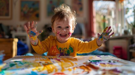 Joyful child covered in paint, expressing creativity at home while playing with colors and enjoying art.