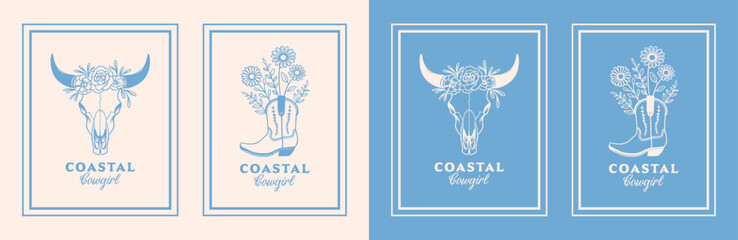 Coastal cowgirl west coast western floral boots cow skull pastel blue aesthetic summer country girl poster print home decor. Retro vintage boho cottagecore flowers printable design cut file pack set.