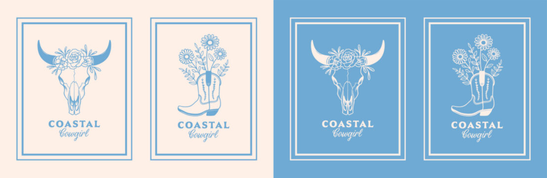 Coastal cowgirl west coast western floral boots cow skull pastel blue aesthetic summer country girl poster print home decor. Retro vintage boho cottagecore flowers printable design cut file pack set.