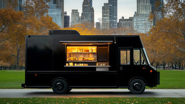 mockup black food truck stops at city park, Ai generated images