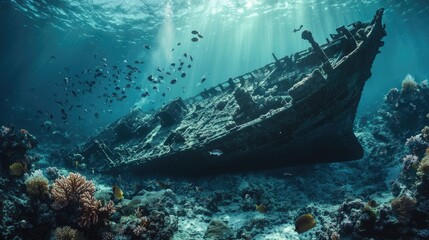 Sunken Ship Surrounded by Vibrant Marine Life