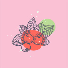 Linear, contour drawing of fruits on a colored background with abstract figures is a modern type of printed art for discounts, price tags, printing