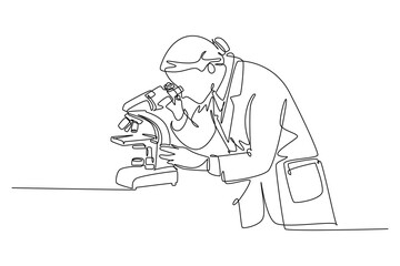 Continuous one line drawing of female scientist researching antibiotic formula using microscope to find covid vaccine. Coronavirus medical research. Single line draw design vector graphic illustration