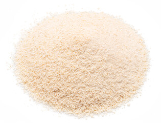 Cassava flour pile or manioc flour pile isolated on white background. Top view.
