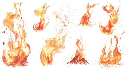 Vivid Collection of Fiery Flames, Transparent Background, Intense Red Wildfire Blazes, Bonfire Silhouettes, Dynamic Fiery Spurt Elements, Ideal for Graphic Design Use