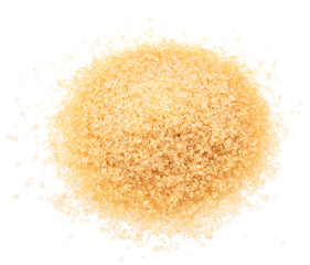 Pile of light brown sugar, isolated on white background. Top view.