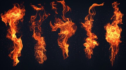 Vivid Isolated Fire Flames Collection, dynamic and vibrant flames in various shapes and sizes, ideal for design projects requiring striking visual elements on transparent backgrounds