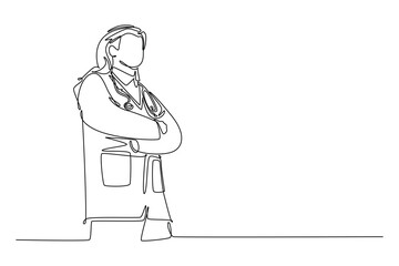 Continuous one line drawing smart male Arabian doctor standing with folded hands gesture at hospital. Medical health care humanity service concept. Single line draw design vector graphic illustration