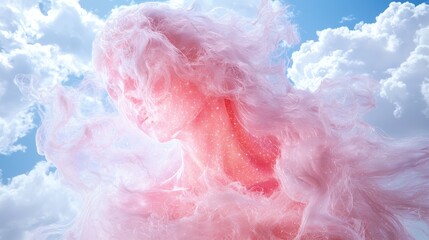 Fototapeta premium Ethereal pink cloud-like texture against blue sky